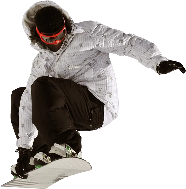 Male snowboarder grabbing the front of his snowboard and stretching out his other arm in the air.