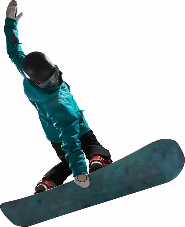 Snowboarder grabbing the back of their snowboard and stretching their other arm into the air.