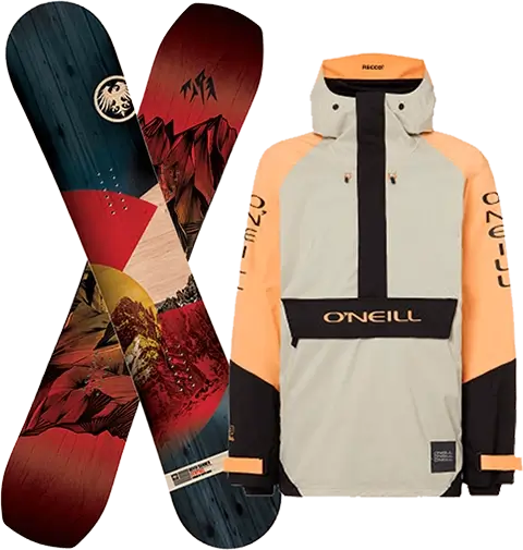 Warm coloured snowboards forming a cross and a cream coloured snow jacket.